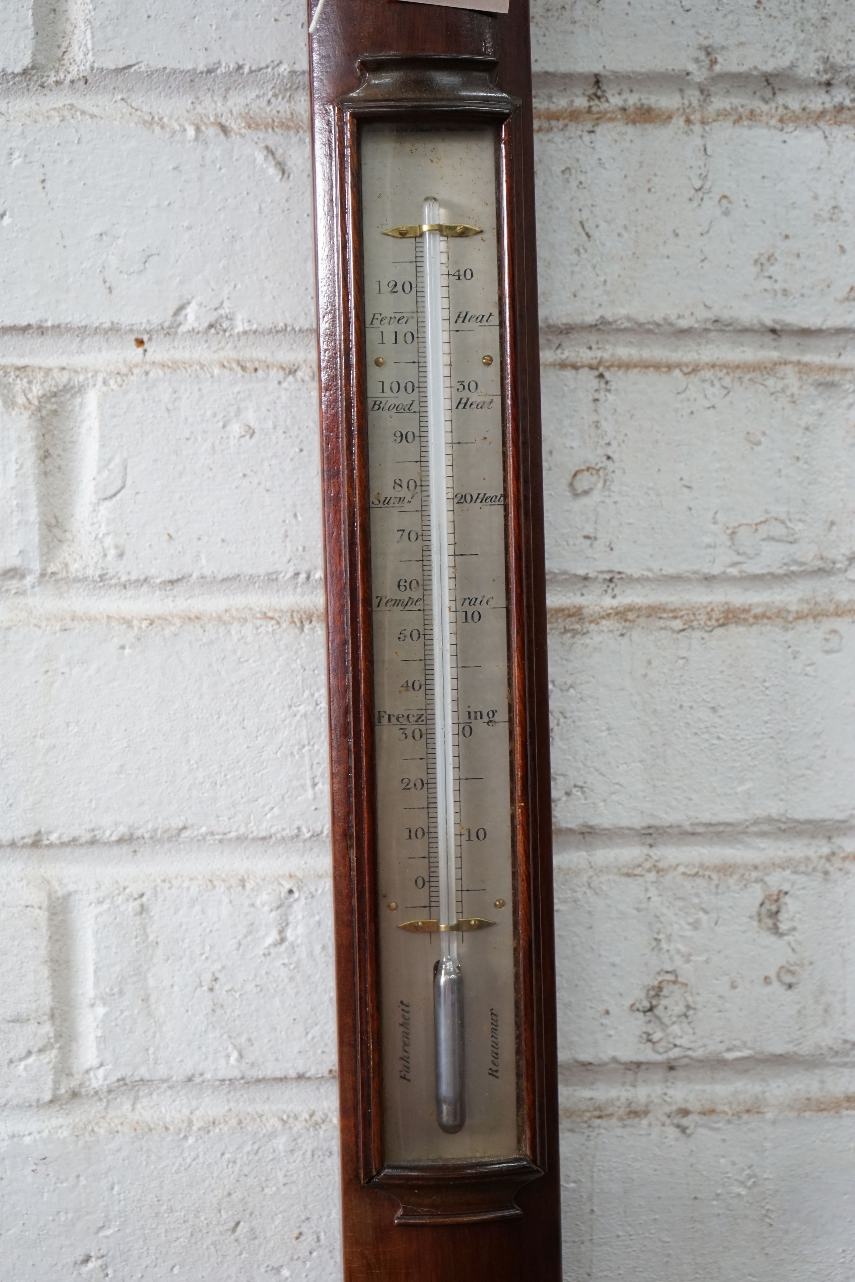 A Georgian style mercury stick barometer and thermometer, dial marked J. Blatt, Brighton, in mahogany case with silvered scale, height 100cm